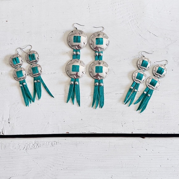 Handcrafted Turquoise Large Genuine Leather Western Silver Concho Earrings - Picture 6 of 6